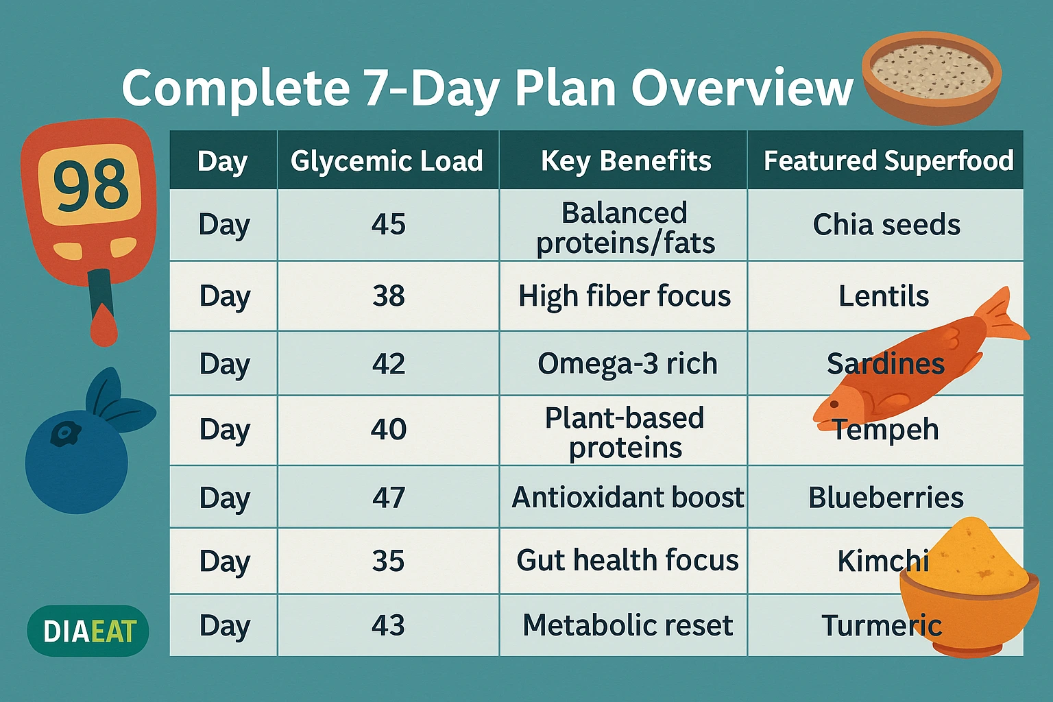 7-Day Low Glycemic Meal Plan Overview - Diaeat.com